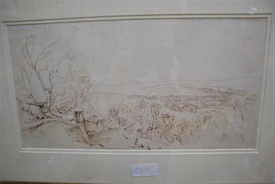 Circle of Edward Lear, ink and pencil drawing, View of Nice, 23.5 x 46cm